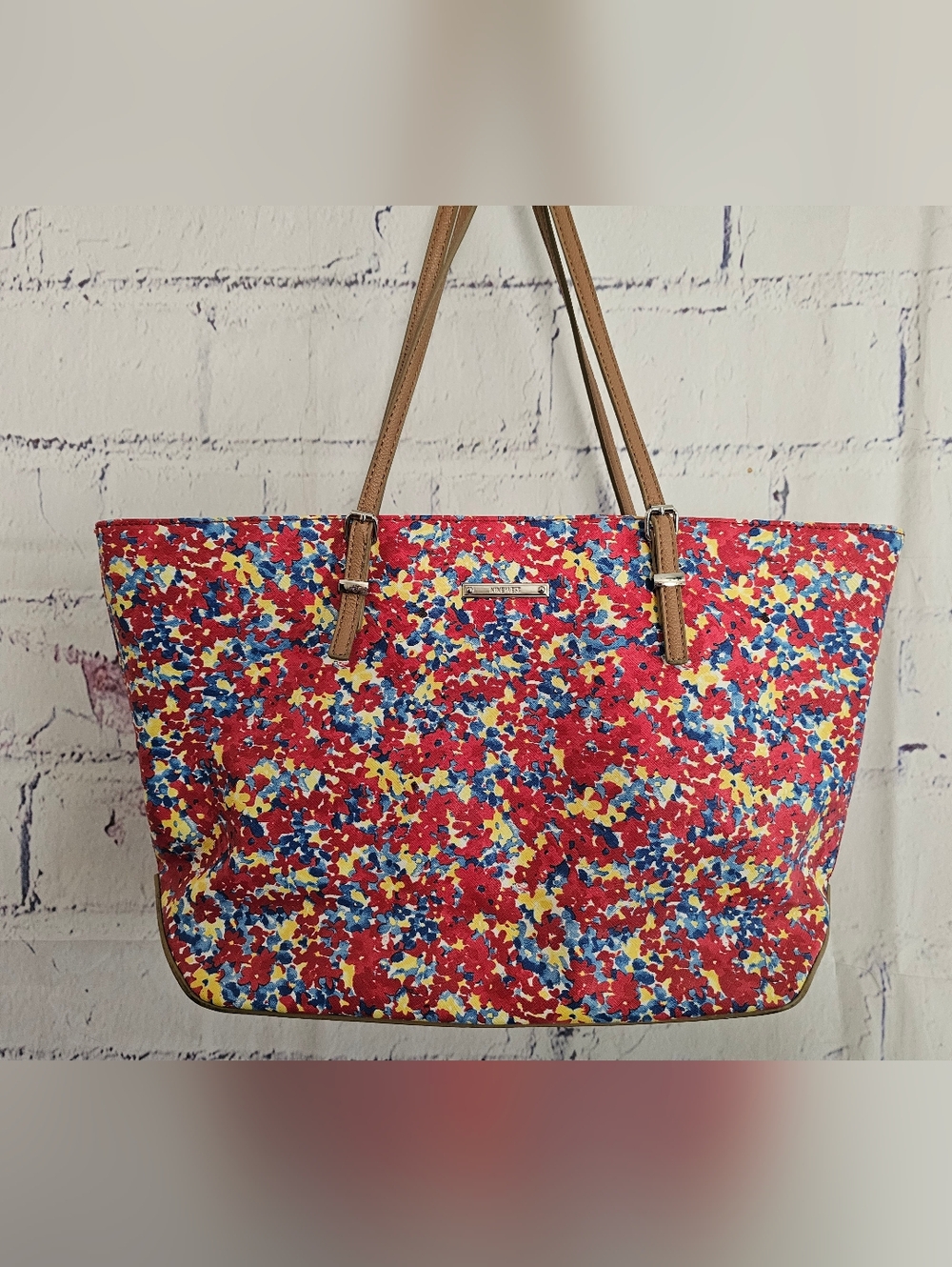 Nine West It Girl Multicolor Floral Print Tote Bag with Tan Straps Large Zip Top